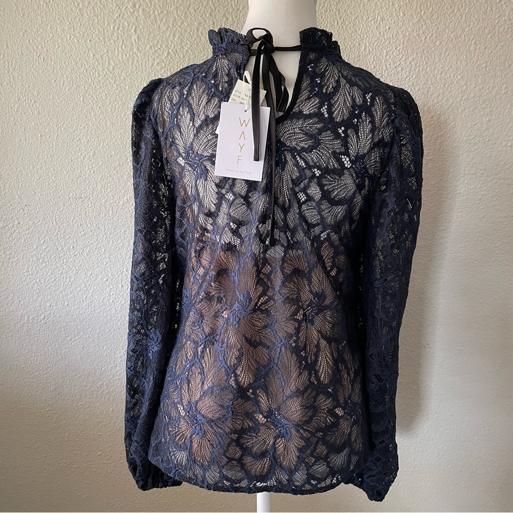 NWT WAYF Emma Puff Sleeve Lace Top Blouse Womens S Navy Floral Mock Neck Elegant - Picture 9 of 15